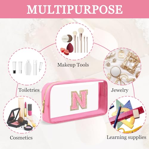 Iqimott Small Clear Personalized Initial Makeup Bag,Nylon Preppy A-Z Chenille Letter Patch Cosmetic Pouch Beach Toiletry Bag,Waterproof Zipper Travel Purse Storage Bag Organizer for Women Girls(Pink-Pink N) - Image 4