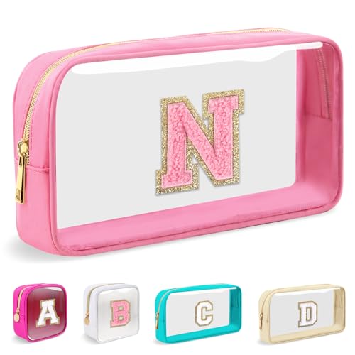 Iqimott Small Clear Personalized Initial Makeup Bag,Nylon Preppy A-Z Chenille Letter Patch Cosmetic Pouch Beach Toiletry Bag,Waterproof Zipper Travel Purse Storage Bag Organizer for Women Girls(Pink-Pink N) - Image 1