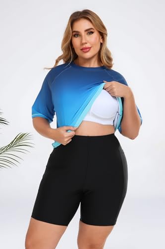 Halcurt Womens Swim Shirt with Bra Built in Plus Size Swimsuit Sun Protection Rash Guard Ombre Blue 1X - Image 3