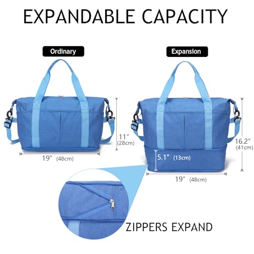 Ineetatu Expandable Duffle Bag for Travel Weekender Overnight Carry On Bag for Women Men Waterproof Large Capacity Travel Bag with Detachable Shoulder Strap and Wet PocketBlue - Image 3