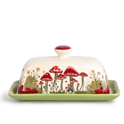 Fungi Fun Mushroom Butter Dish With Lid – Cute Cottagecore Ceramic Storage Container, Vintage French Covered Tray, Boho Farmhouse Kitchen Decor Gift, Unique Countertop Holder (White, Standard) - Image 1