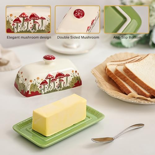 Fungi Fun Mushroom Butter Dish With Lid – Cute Cottagecore Ceramic Storage Container, Vintage French Covered Tray, Boho Farmhouse Kitchen Decor Gift, Unique Countertop Holder (White, Standard) - Image 3