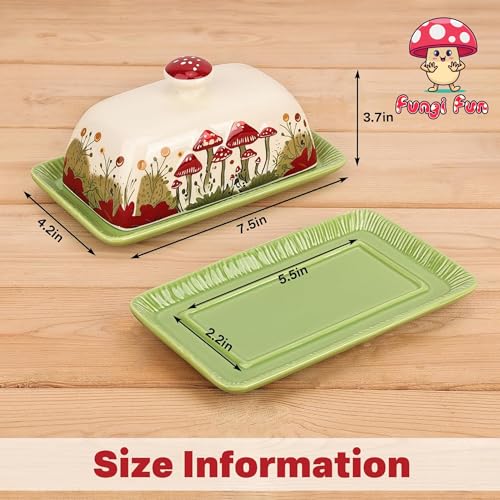 Fungi Fun Mushroom Butter Dish With Lid – Cute Cottagecore Ceramic Storage Container, Vintage French Covered Tray, Boho Farmhouse Kitchen Decor Gift, Unique Countertop Holder (White, Standard) - Image 2