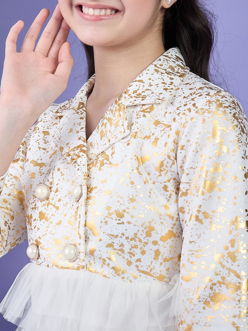 شيري أند جيري فستان بناتي "Fit and Flare" أبيض وذهبي لامع - نسيج النيوبرين والشبكة، بأكمام كاملة وياقة. - Image 4