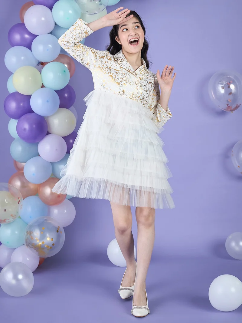 Cherry & Jerry Girl Fit and Flare White & Golden Golden Foil Neoprine & Mesh Knee Length Dress