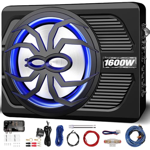 WDiYA 2026 Upgraded 1600W Car Subwoofer, 10" Ultra-Thin Powered Under-Seat Sub with Built-in Amplifier, (LPF/Gain/Bass Boost) LED Ambient Lights, Independent Bass Knob, Distortion-Free Deep Bass - Image 1