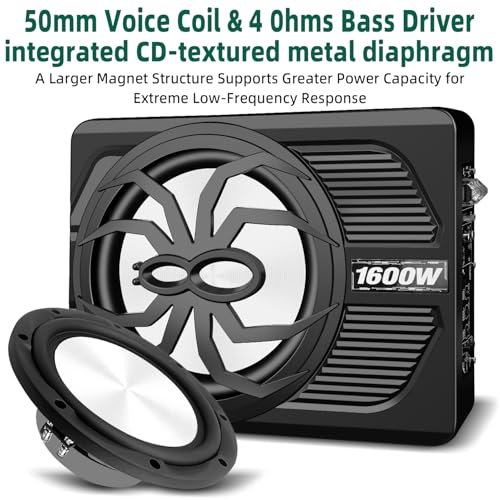 WDiYA 2026 Upgraded 1600W Car Subwoofer, 10" Ultra-Thin Powered Under-Seat Sub with Built-in Amplifier, (LPF/Gain/Bass Boost) LED Ambient Lights, Independent Bass Knob, Distortion-Free Deep Bass - Image 3