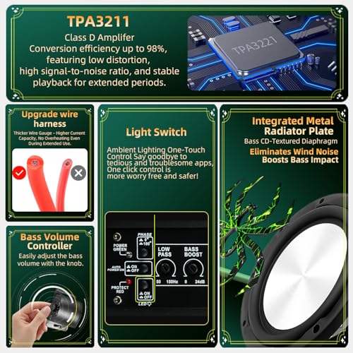 WDiYA 2026 Upgraded 1600W Car Subwoofer, 10" Ultra-Thin Powered Under-Seat Sub with Built-in Amplifier, (LPF/Gain/Bass Boost) LED Ambient Lights, Independent Bass Knob, Distortion-Free Deep Bass - Image 4