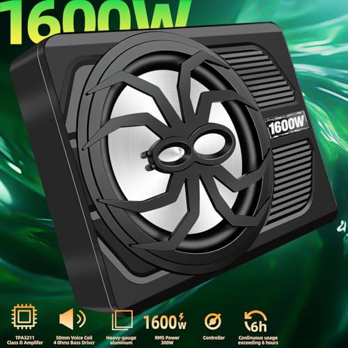 WDiYA 2026 Upgraded 1600W Car Subwoofer, 10" Ultra-Thin Powered Under-Seat Sub with Built-in Amplifier, (LPF/Gain/Bass Boost) LED Ambient Lights, Independent Bass Knob, Distortion-Free Deep Bass - Image 2