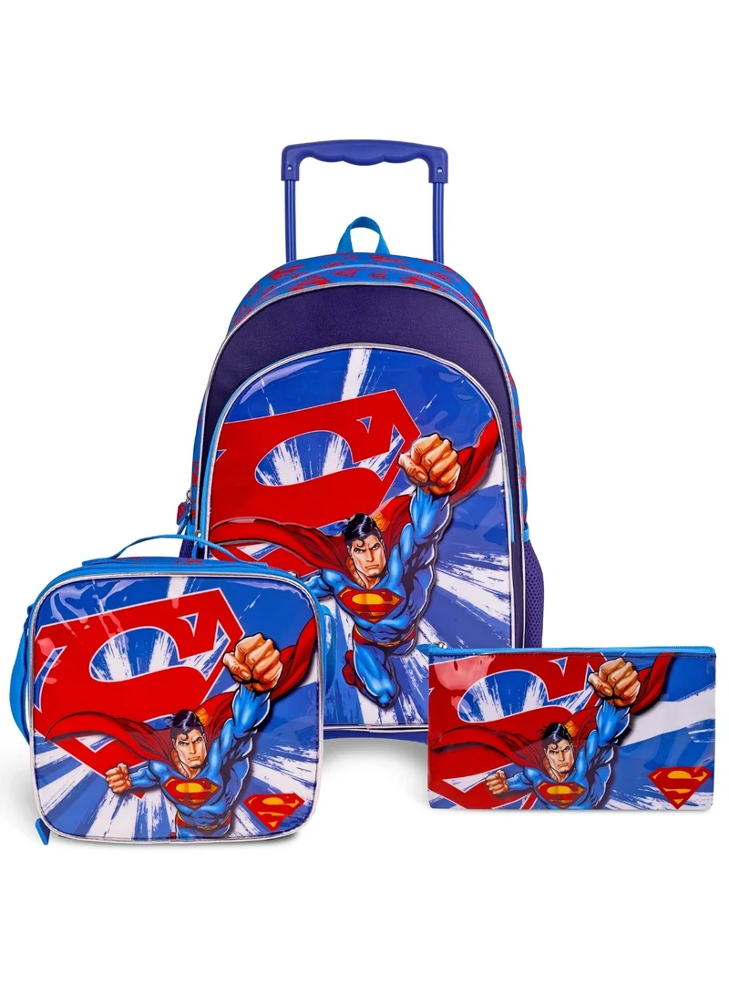 وارنر بروس. Superman  18 Inch Kids 3-in-1 Trolley School Bag Set - Ergonomic Backpack, Insulated Lunch Bag & Pencil Case,Lightweight,Students 6+ - Perfect for Travel & School,For Boys