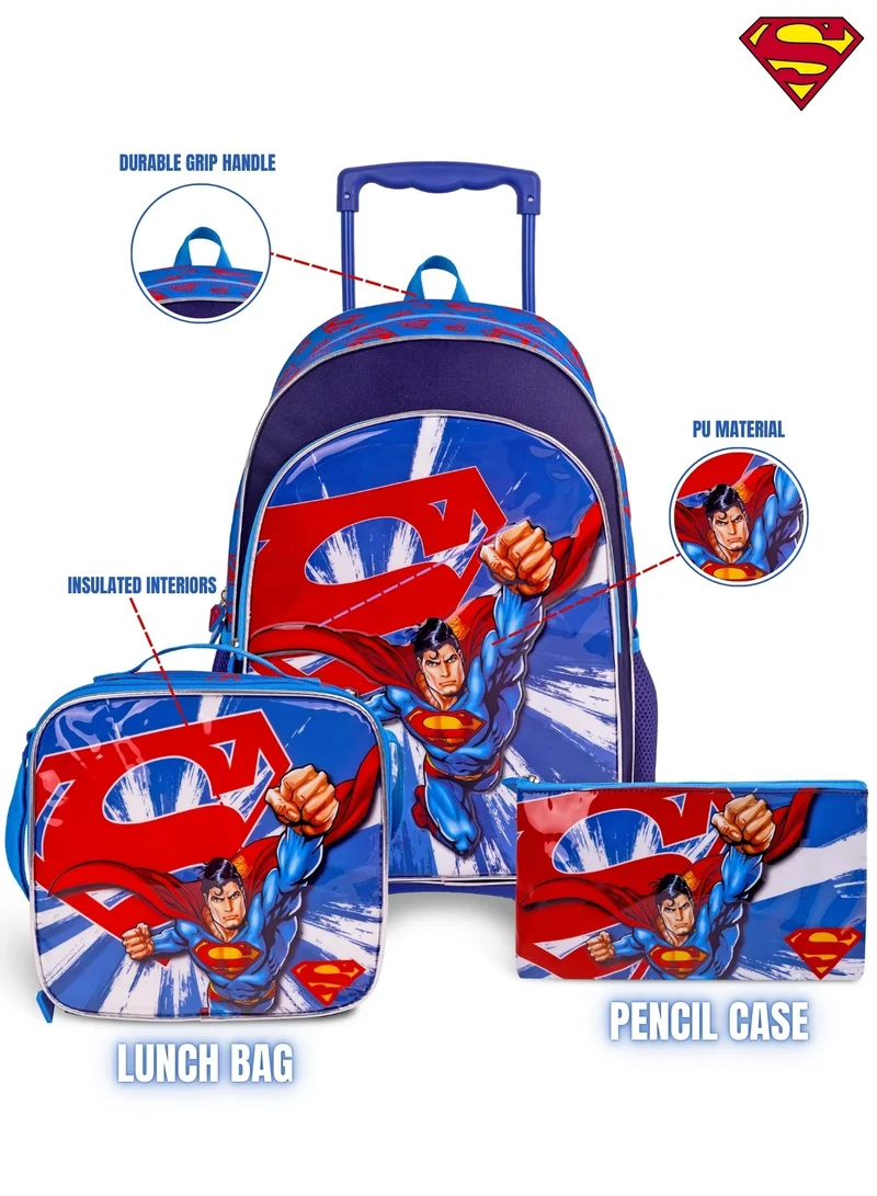 Warner Bros. Superman  18 Inch Kids 3-in-1 Trolley School Bag Set - Ergonomic Backpack, Insulated Lunch Bag & Pencil Case,Lightweight,Students 6+ - Perfect for Travel & School,For Boys