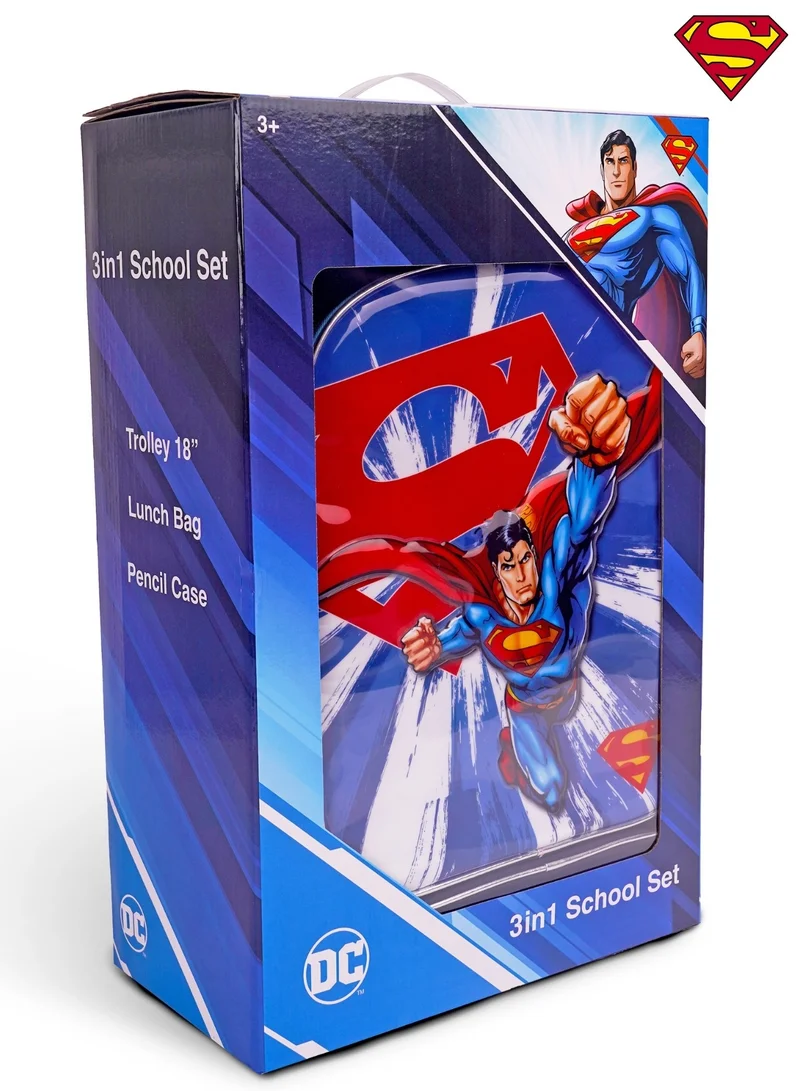 Warner Bros. Superman  18 Inch Kids 3-in-1 Trolley School Bag Set - Ergonomic Backpack, Insulated Lunch Bag & Pencil Case,Lightweight,Students 6+ - Perfect for Travel & School,For Boys