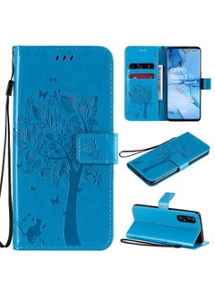 Case Cover For Oppo Reno3 Pro 5G / Find X2 Neo Tree & Cat Embossed Pattern Horizontal Flip Leather Case with Holder & Card Slots & Wallet & Lanyard Blue