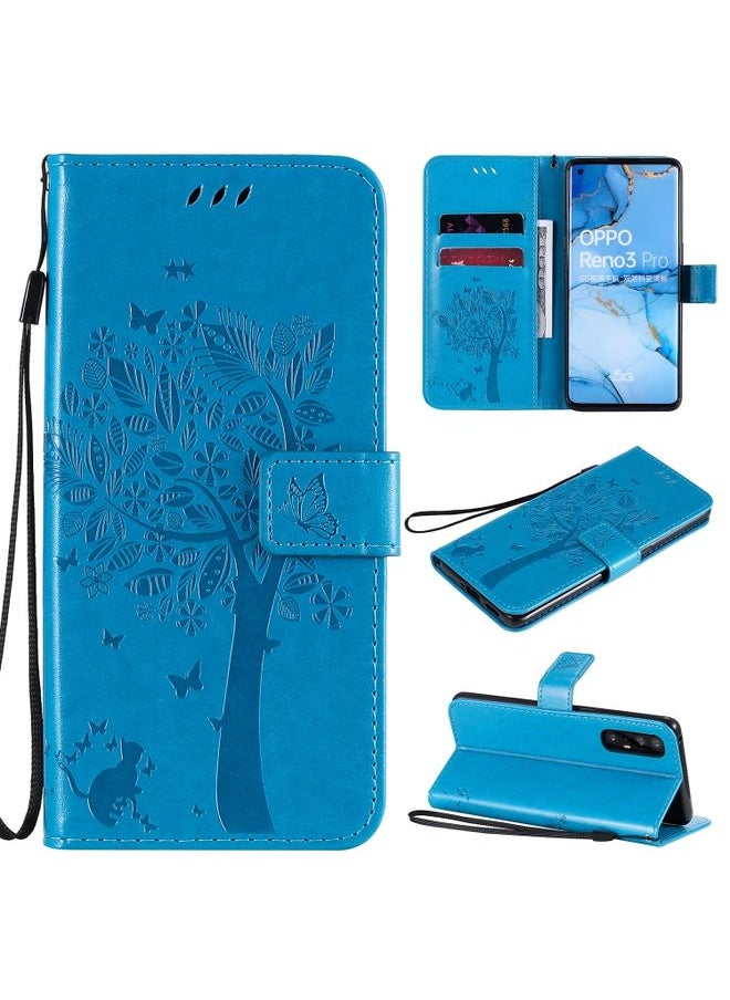 HuHa Case Cover For Oppo Reno3 Pro 5G / Find X2 Neo Tree & Cat Embossed Pattern Horizontal Flip Leather Case with Holder & Card Slots & Wallet & Lanyard Blue 