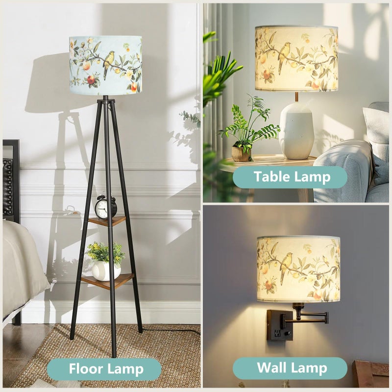 Haultop Drum Lamp Shades Set of 2, 13x13x10in Fabric Lamp Shade, Lampshade with Floral and Bird Print, Lamp Shades for Table Lamps, Support Spider and E26 Base - Image 3