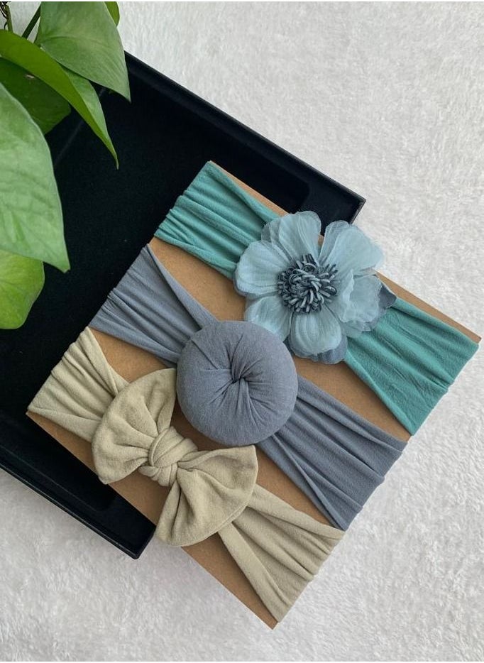 The Girl Cap The Girl Cap Elastic Baby Headband Stretchable Nylon Assorted Hairbands Hair Accessories for Baby- Green Grey Off white - 3PCS  - Image 2