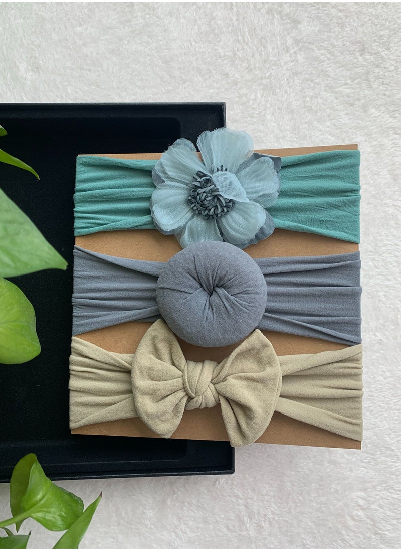 The Girl Cap The Girl Cap Elastic Baby Headband Stretchable Nylon Assorted Hairbands Hair Accessories for Baby- Green Grey Off white - 3PCS  - Image 3