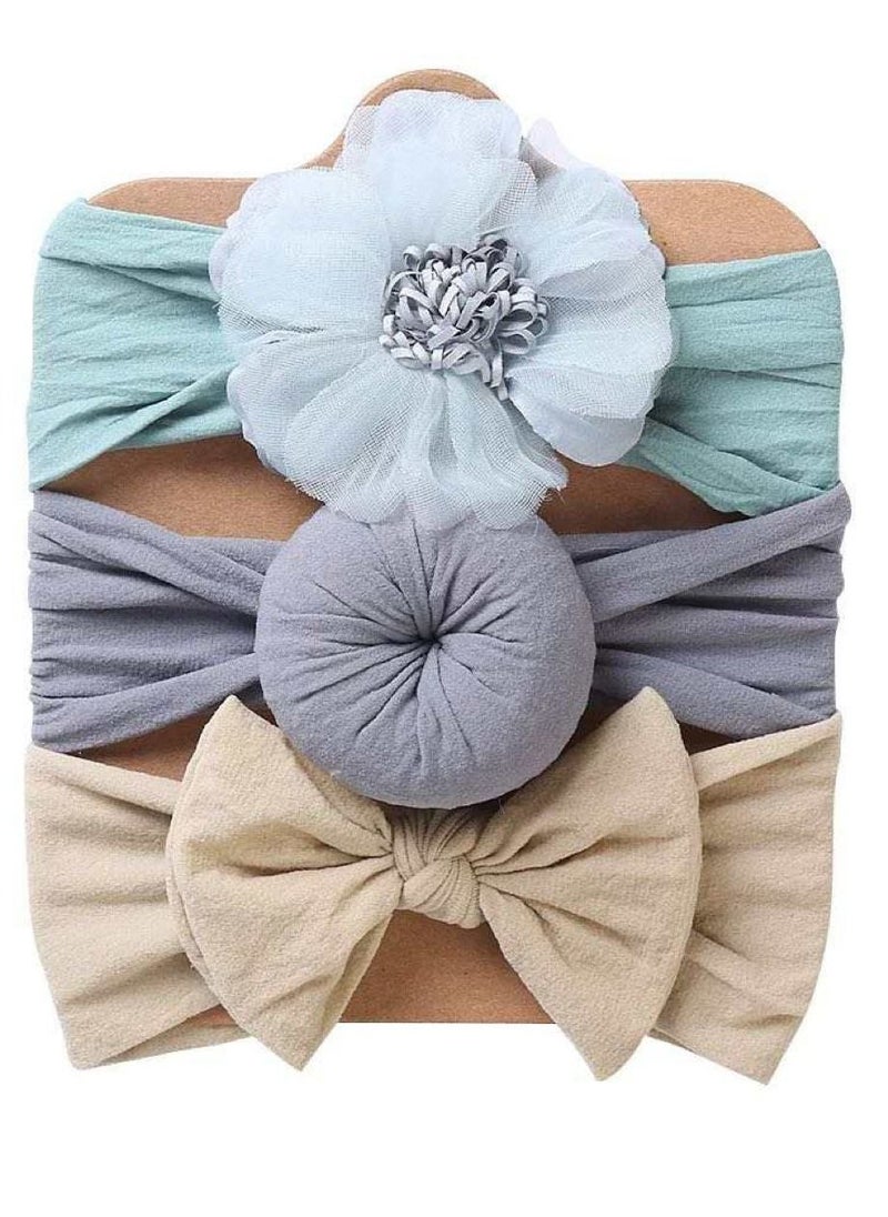 The Girl Cap The Girl Cap Elastic Baby Headband Stretchable Nylon Assorted Hairbands Hair Accessories for Baby- Green Grey Off white - 3PCS  - Image 1