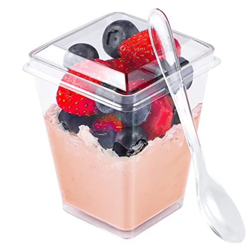 EASERCY 50 Pack 5 oz Plastic Dessert Cups with Lids, Yogurt Parfait/Appetizer Cup with Lids for Party, Mini Dessert Cups with Spoons Dessert Shooter Cups for Pudding, Fruit and Ice Cream - Image 1