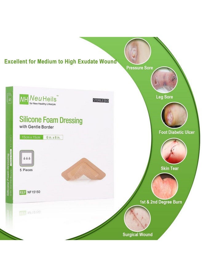 NEUHEILS NeuHeils Silicone Adhesive Foam Dressing Bandage with Gentle Border 6 x 6 inch for Bed Sore Leg Ulcer, 5 Pack, High Absorbency Waterproof Silicone Wound Bandage for Pressure Ulcer - Image 2