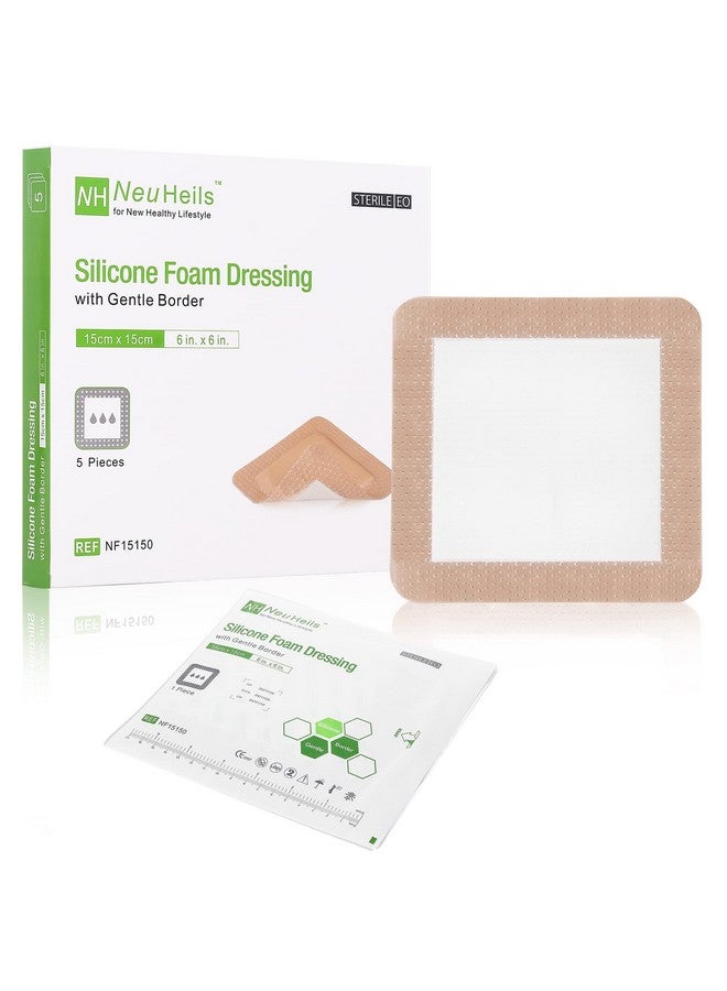 NEUHEILS NeuHeils Silicone Adhesive Foam Dressing Bandage with Gentle Border 6 x 6 inch for Bed Sore Leg Ulcer, 5 Pack, High Absorbency Waterproof Silicone Wound Bandage for Pressure Ulcer - Image 1