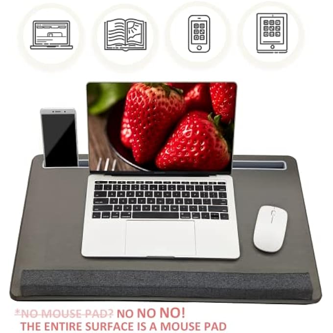rayihni EXTRA LARGE LAP LAPTOP DESK - FULL PU MATERIAL MOUSE PAD GAMING TRAY - PORTABLE LAPDESK WITH PHONE HOLDER & WRIST REST FOR NOTEBOOK, MACBOOK, TABLET, BED, SOFA(GRAY, FIT UP 17.3-IN LAPTOPS) - Image 3