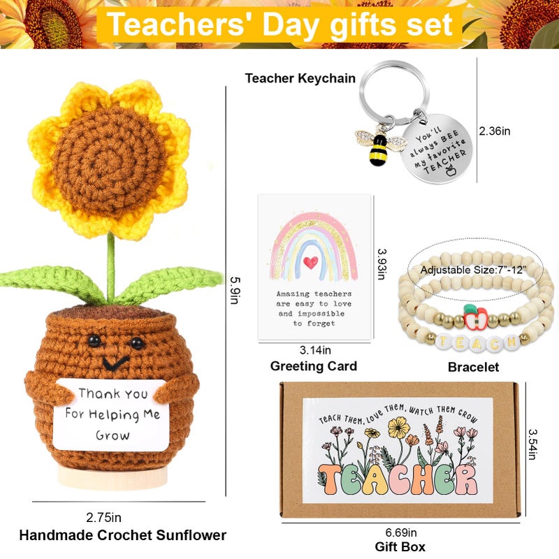 Lamyba Teacher Valentine Gifts Teacher Gifts for Women,Handmade Sunflower Crochet Doll Gift Set with Inspirational Card,Bracelet & Keychain,Teacher Appreciation Gifts,Thank You End of Year Gift Box - Image 2