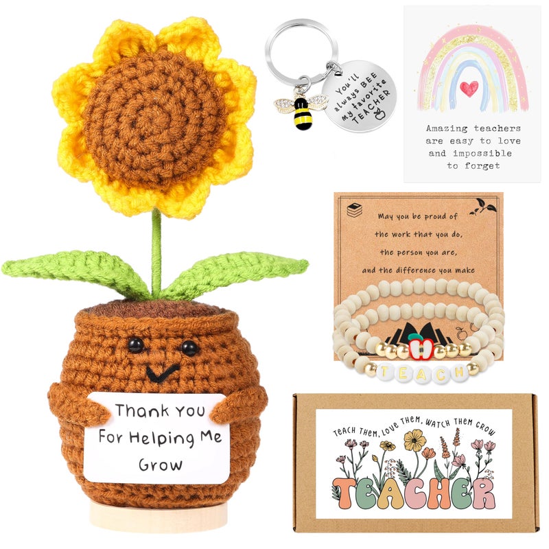 Lamyba Teacher Valentine Gifts Teacher Gifts for Women,Handmade Sunflower Crochet Doll Gift Set with Inspirational Card,Bracelet & Keychain,Teacher Appreciation Gifts,Thank You End of Year Gift Box - Image 1