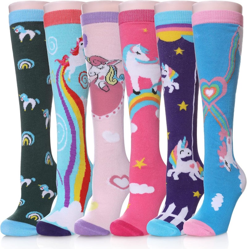 LINEMIN 3-12 Years Girls Knee High Socks Kids Cartoon Animal Warm Cotton Long Tall Boot Socks 6 Pairs - Image 1