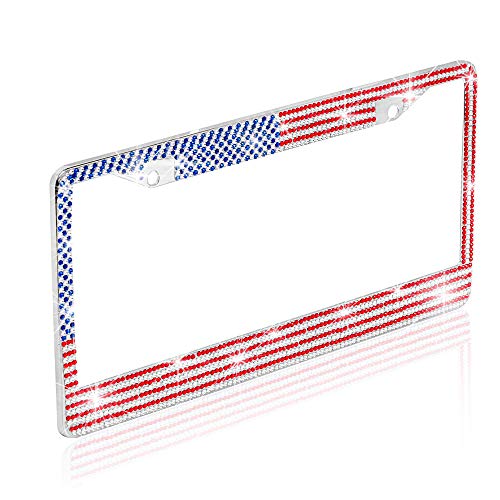 BDK Heavy Duty Rust-Proof Stainless-Steel Metal USA United States Flag Rhinestone Sparkly Sparkling Diamond Crystal Bling License Plate Frame Universal Size for Car Truck SUV - Image 2