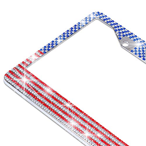 BDK Heavy Duty Rust-Proof Stainless-Steel Metal USA United States Flag Rhinestone Sparkly Sparkling Diamond Crystal Bling License Plate Frame Universal Size for Car Truck SUV - Image 3