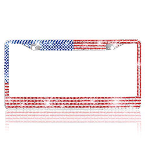 BDK Heavy Duty Rust-Proof Stainless-Steel Metal USA United States Flag Rhinestone Sparkly Sparkling Diamond Crystal Bling License Plate Frame Universal Size for Car Truck SUV - Image 1