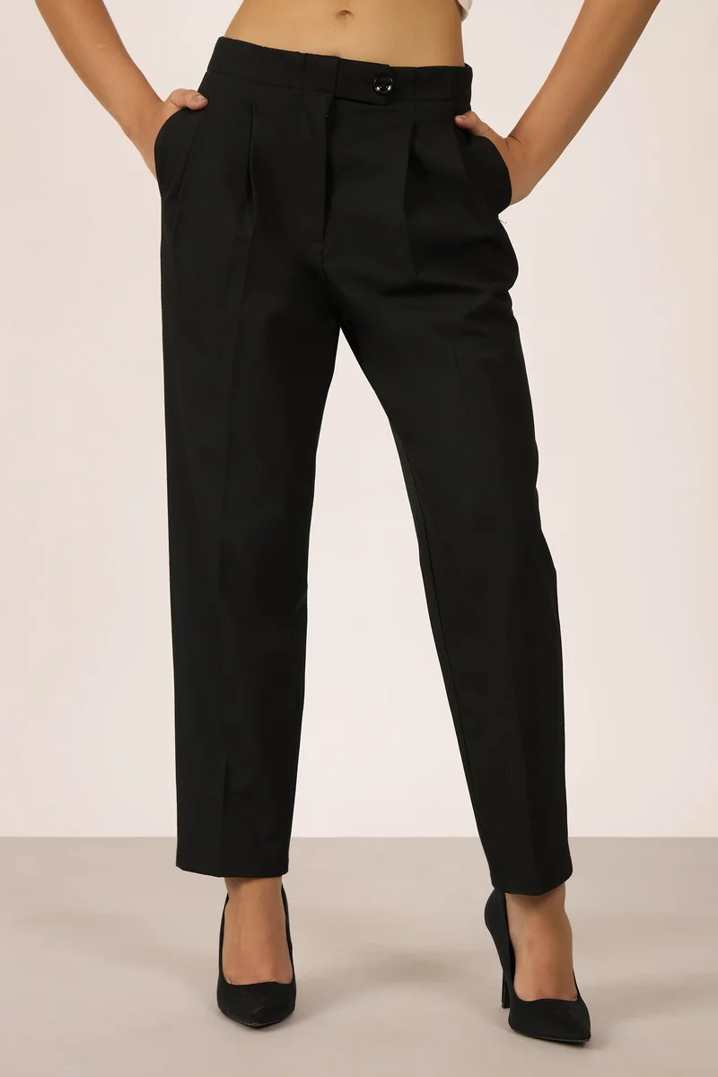 فيرجيو Solid Viscose Stretch Black Straight Fit Pant for Women