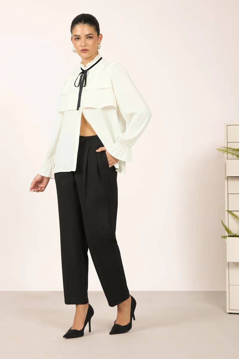 فيرجيو Solid Viscose Stretch Black Straight Fit Pant for Women