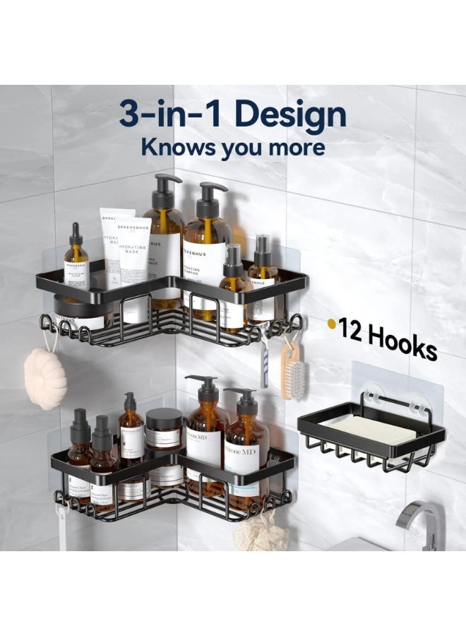 3 Pack Shower Caddy Set, 2 Stainless Steel Shower Shelves & 1 Soap Holder, Adhesive Shower Organizer with Hooks, No Drill Corner Shower Shelf, Rustproof Bathroom Storage Rack, Wall Mounted Bathroom Accessories - Image 4