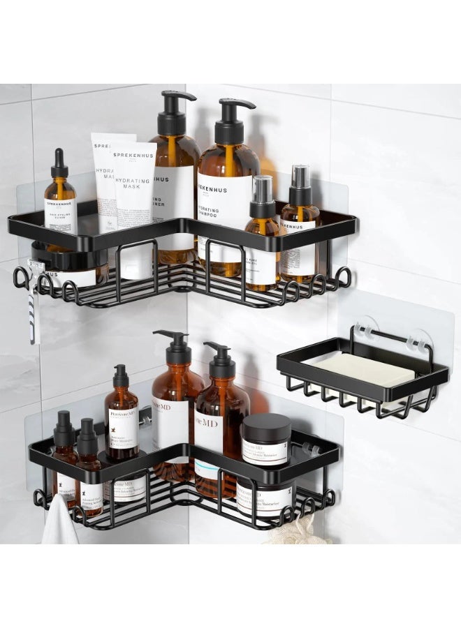 3 Pack Shower Caddy Set, 2 Stainless Steel Shower Shelves & 1 Soap Holder, Adhesive Shower Organizer with Hooks, No Drill Corner Shower Shelf, Rustproof Bathroom Storage Rack, Wall Mounted Bathroom Accessories - Image 1