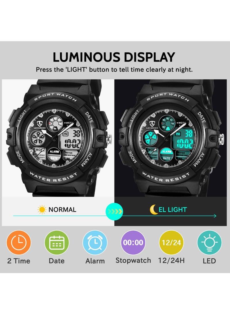 ساعة أطفال، ساعات للأولاد من سن 5 إلى 15 عامًا، ساعة رقمية تناظرية للأطفال، ساعة للأولاد والبنات، ساعة أطفال مقاومة للماء مع منبه وساعة توقيت وساعة يد، هدايا  (أسود) - Image 3