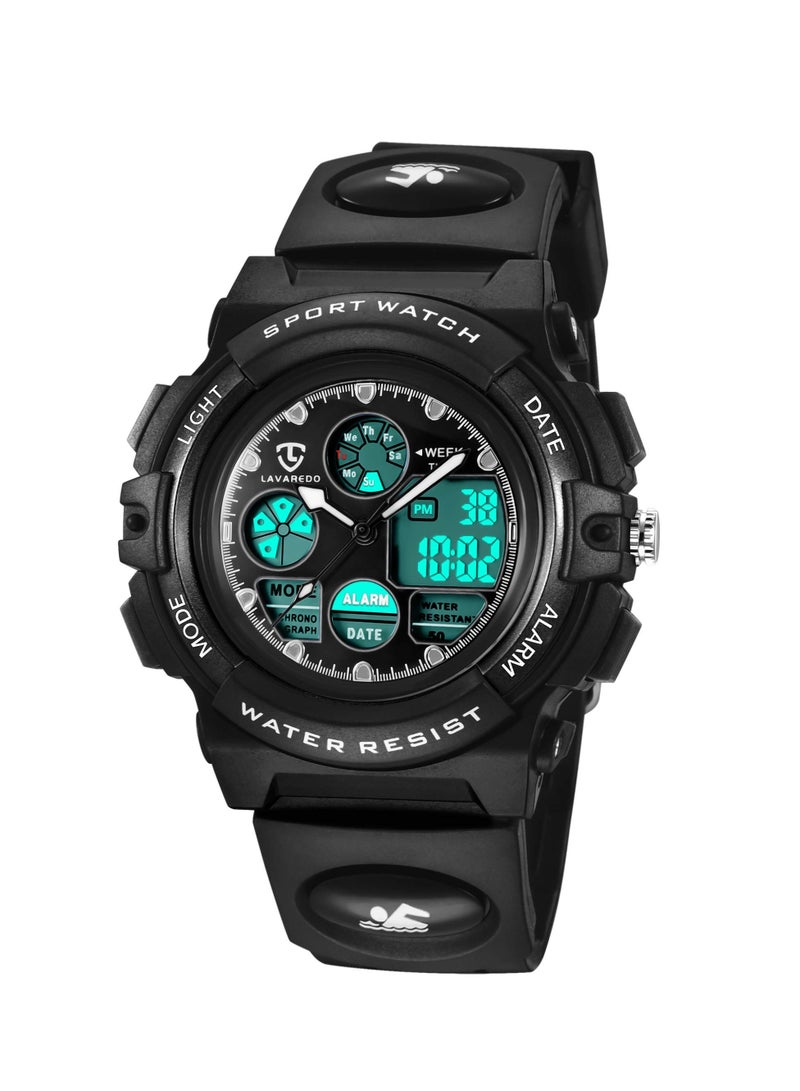 ساعة أطفال، ساعات للأولاد من سن 5 إلى 15 عامًا، ساعة رقمية تناظرية للأطفال، ساعة للأولاد والبنات، ساعة أطفال مقاومة للماء مع منبه وساعة توقيت وساعة يد، هدايا  (أسود) - Image 1