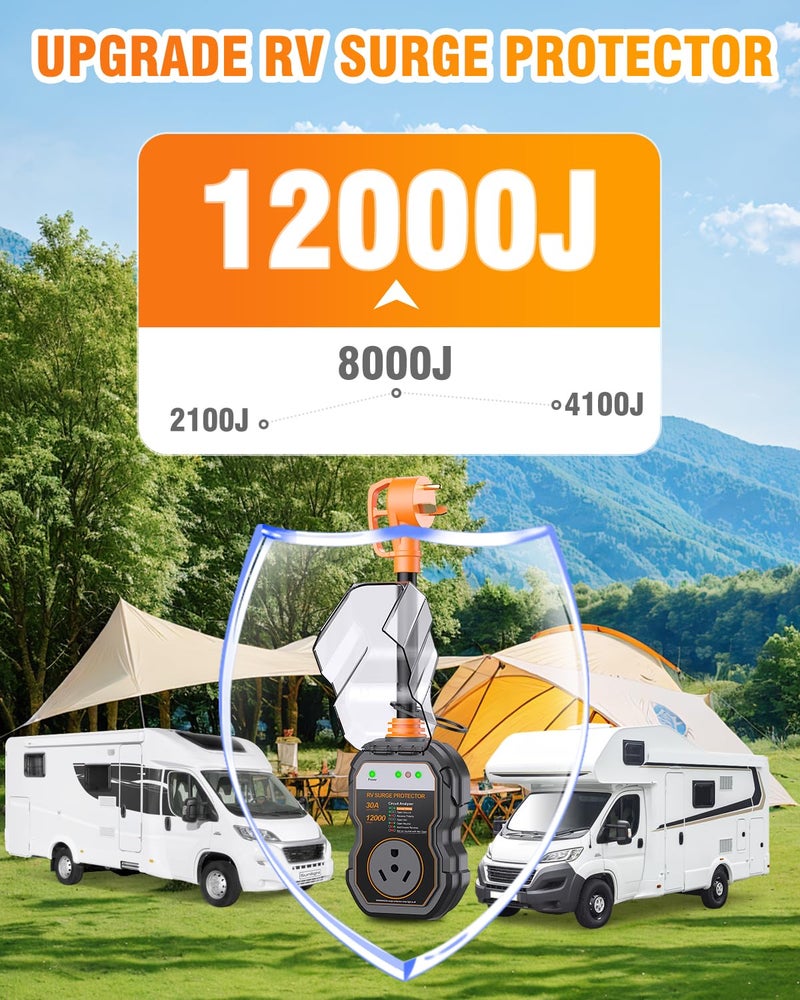 GEARGO RV Surge Protectors 30 Amp, 12000 Joules RV Circuit Analyzer, IP68 Surge Voltage Protection, RV Adapter Plug for Camper (Orange) - Image 3