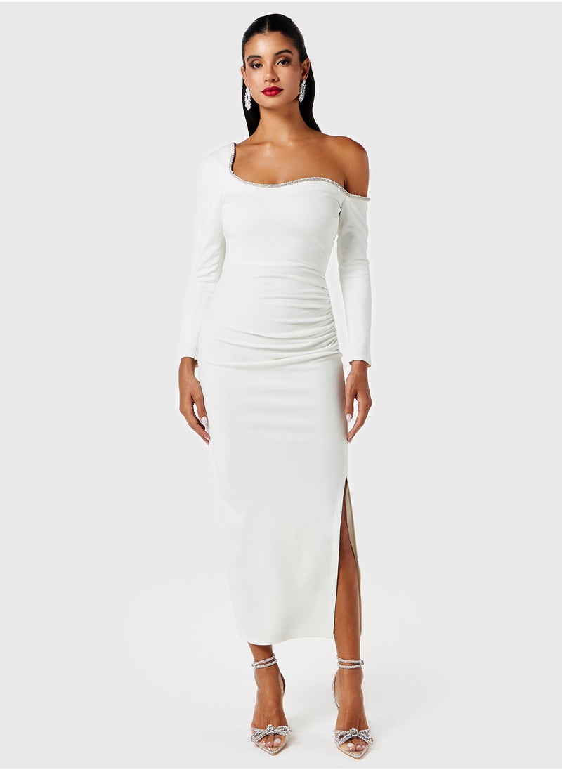Threadz by Ajooni - Asymmetric Embellished Neck Slit Dress - Image 1