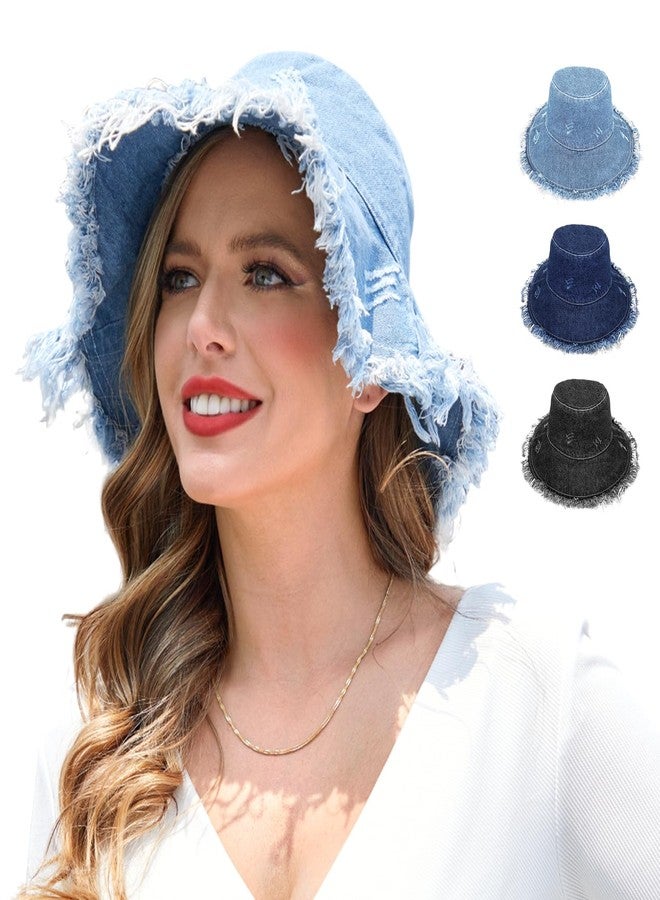 RainFlowwer Frayed Jeans Bucket Hat for Women, Girls Sky Blue Denim Fabric Hat,Trendy Washed Cotton Floppy Wide Brim Boonie Outdoor Summer Hat - Image 1