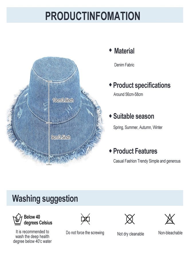 RainFlowwer Frayed Jeans Bucket Hat for Women, Girls Sky Blue Denim Fabric Hat,Trendy Washed Cotton Floppy Wide Brim Boonie Outdoor Summer Hat - Image 5