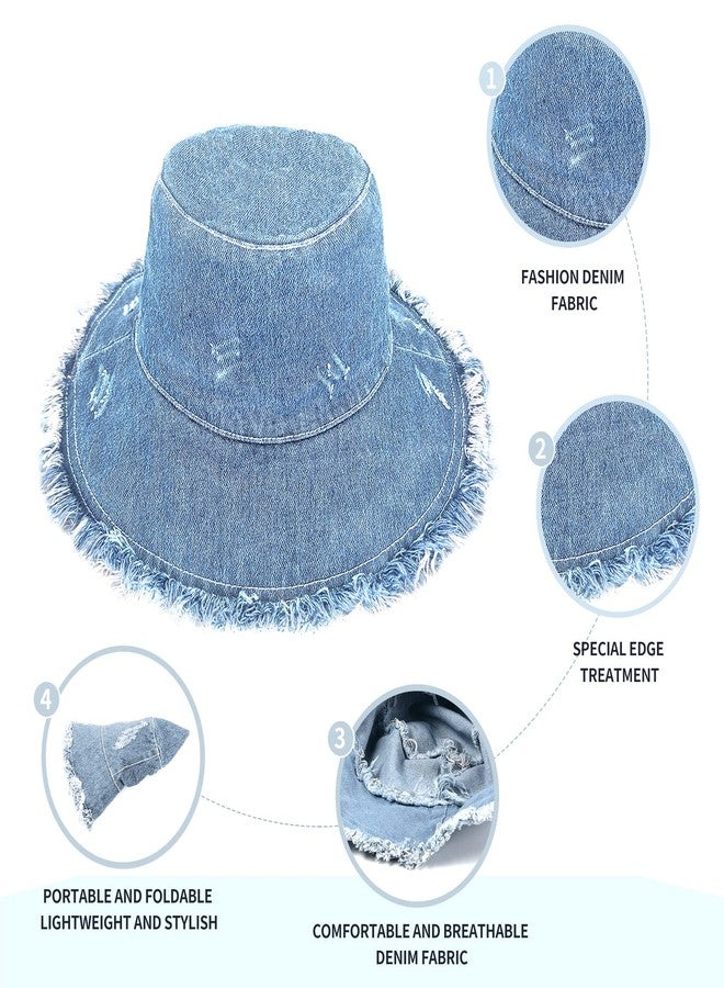 RainFlowwer Frayed Jeans Bucket Hat for Women, Girls Sky Blue Denim Fabric Hat,Trendy Washed Cotton Floppy Wide Brim Boonie Outdoor Summer Hat - Image 4