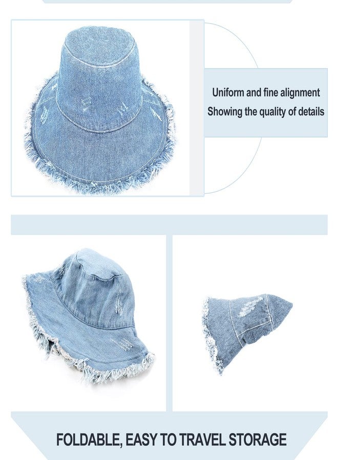 RainFlowwer Frayed Jeans Bucket Hat for Women, Girls Sky Blue Denim Fabric Hat,Trendy Washed Cotton Floppy Wide Brim Boonie Outdoor Summer Hat - Image 3