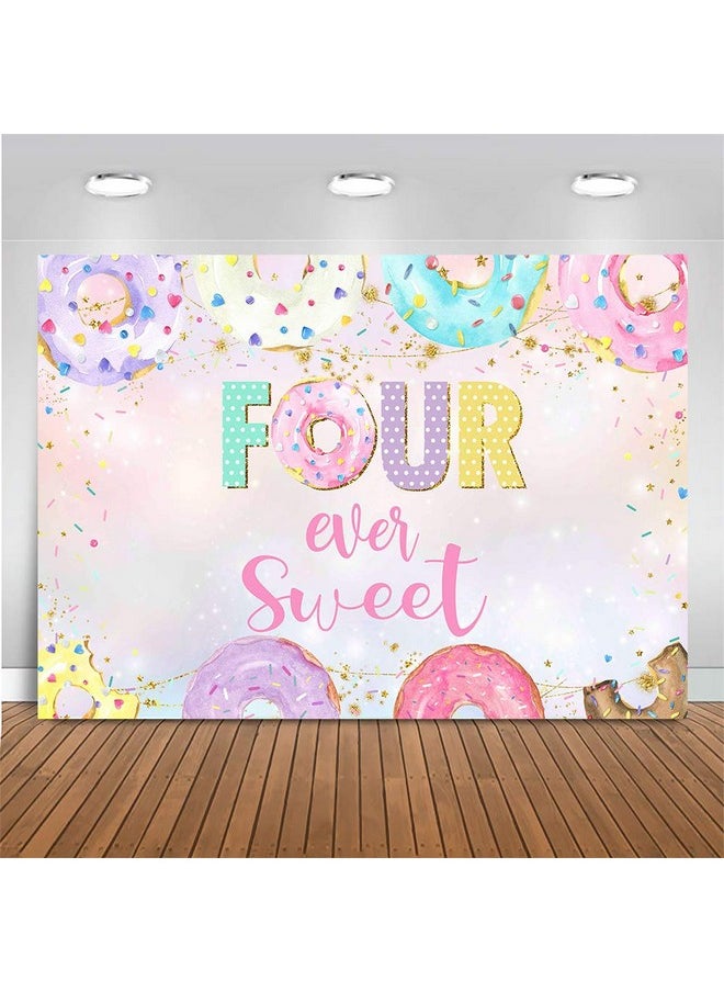 Mocsicka 4Th Donut Birthday Backdrop Four Ever Sweet Donut Birthday Party Decoration Background Toddler Girl 4Th Birthday Party Banner Supplies (7X5Ft (82X60 Inch))  - Image 1