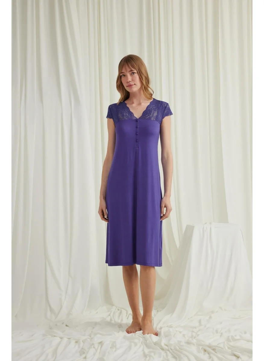 Monamise Women's Nightgown with Lace Sleeves, Shoulders and Collar and Buttons in the Front