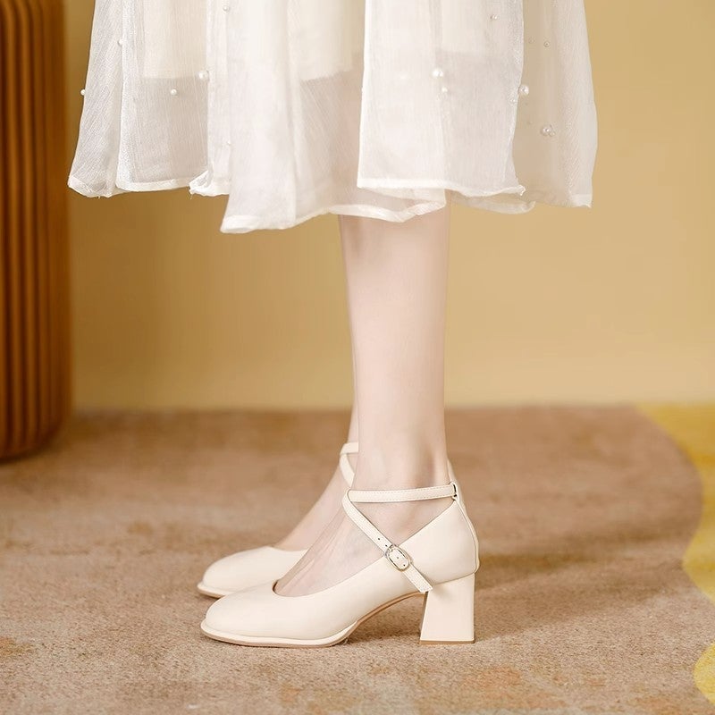French Mary Jane Shoes 2025 Spring And Autum New Fashion Versatile Cross Buckle Strap Retro Thick High Heel Shoes - Image 3