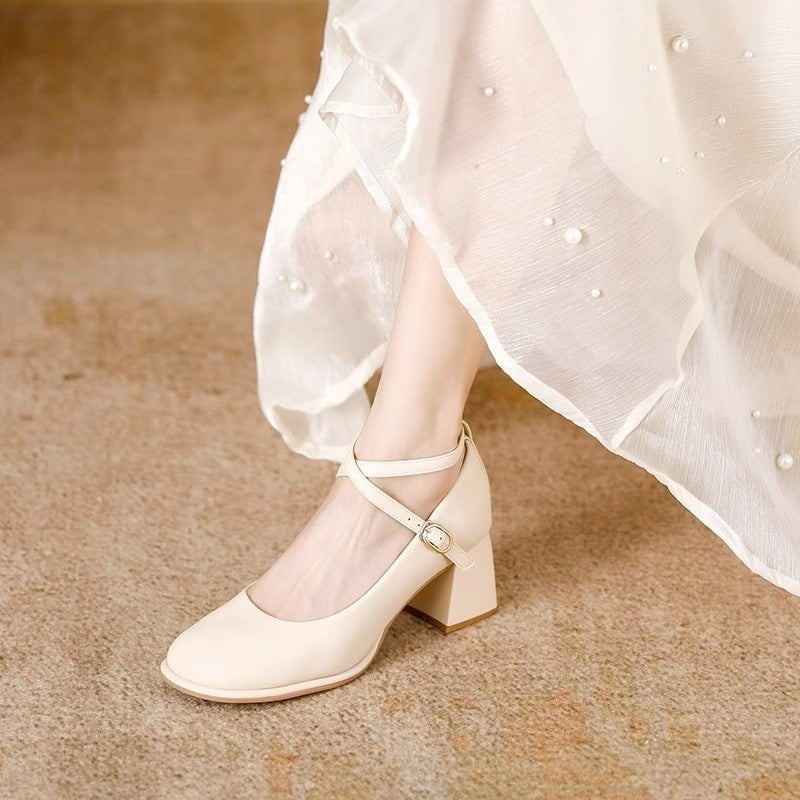 French Mary Jane Shoes 2025 Spring And Autum New Fashion Versatile Cross Buckle Strap Retro Thick High Heel Shoes - Image 2