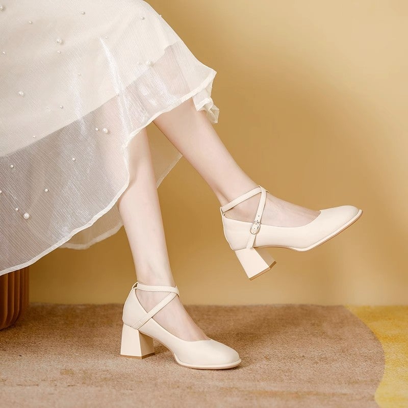 French Mary Jane Shoes 2025 Spring And Autum New Fashion Versatile Cross Buckle Strap Retro Thick High Heel Shoes - Image 4