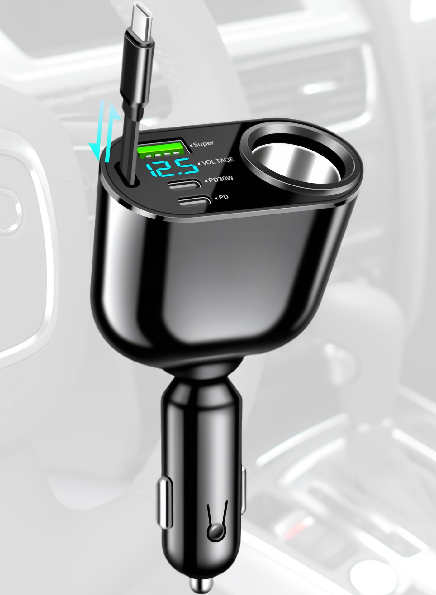 Fast car charger, Retractable Type-C Cable, compatible with 12 V and 24 V, adjustable angle, USB and PD Type-C, suitable for iPhone, iPad, Samsung, Huawei, Xiaomi, OPPO, VIVO and other Android phones